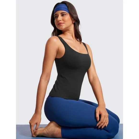 Women's Padded Workout Crop Top U Neck Built-In Bra Yoga Lounge Slim Fit